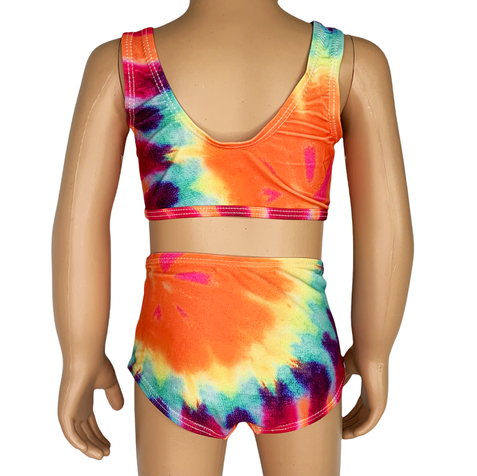 AL Limited Girls 2 piece Tie Dye Tankini Swimsuit featuring a rainbow swirl design with a tie knot tank top and high-waisted bottoms.
